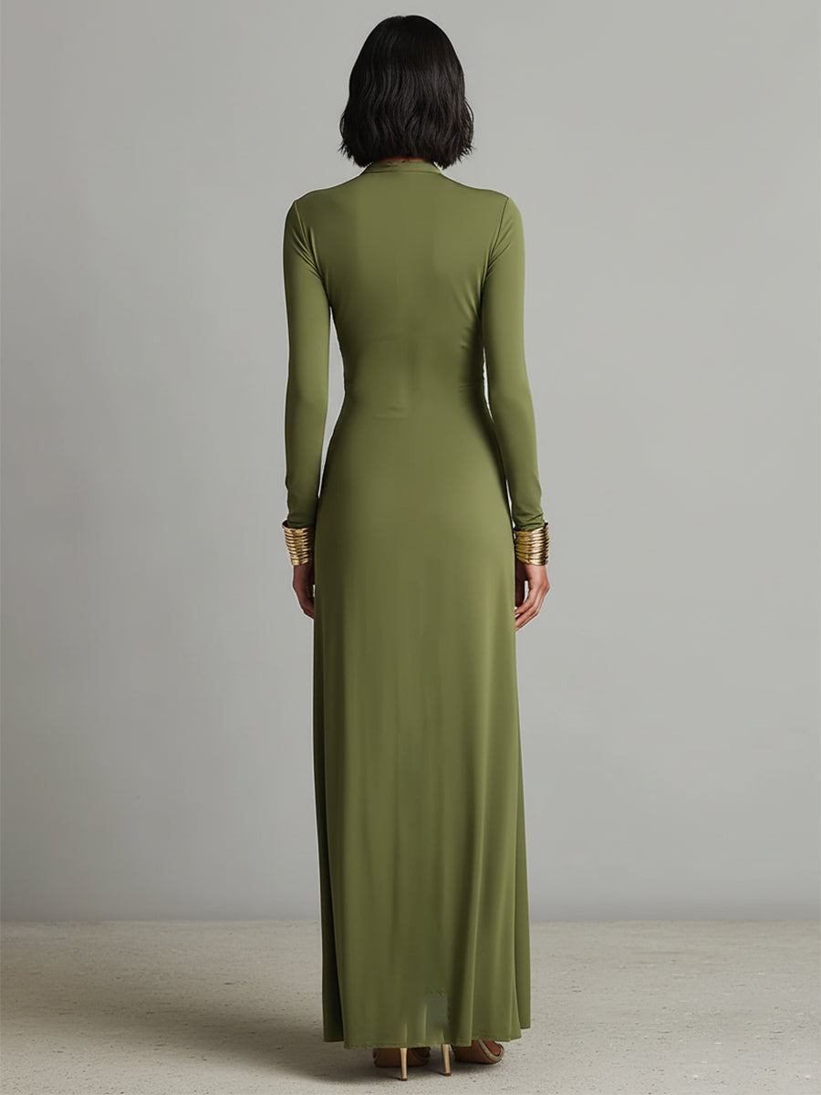 Robe Maxi en Soie Olive avec Décolleté en V