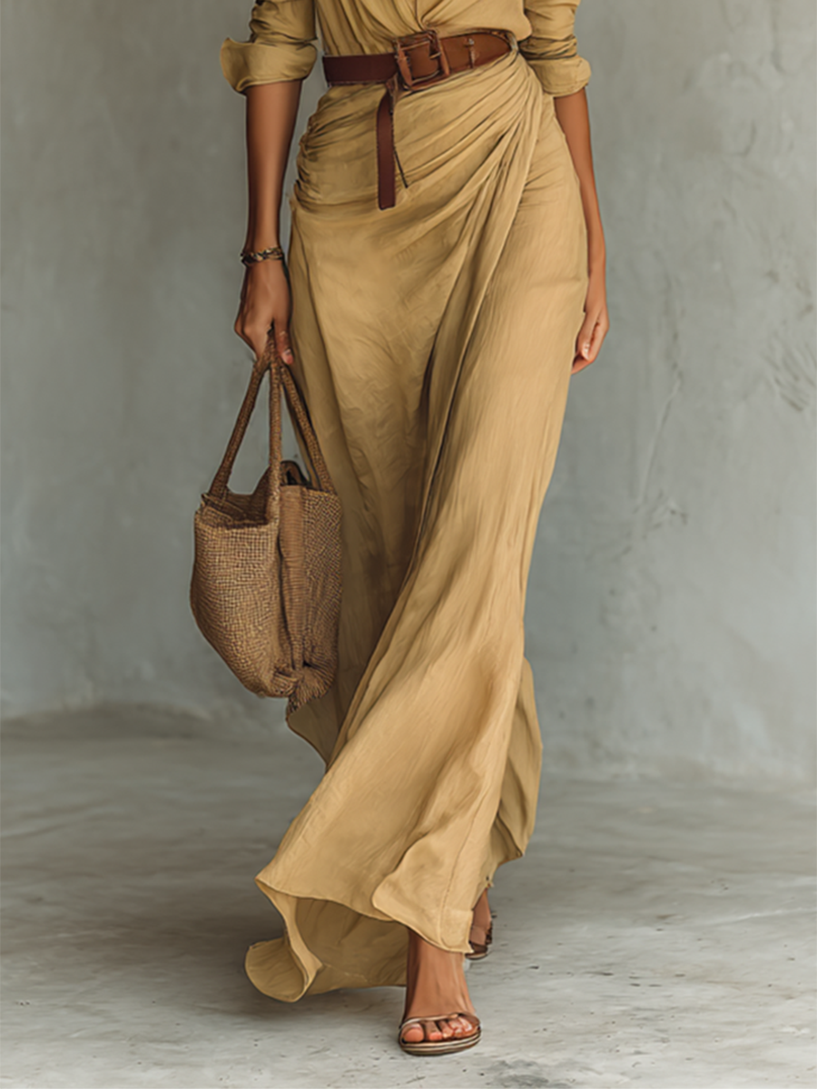 Robe Maxi avec Col Noté et Manches Longues
