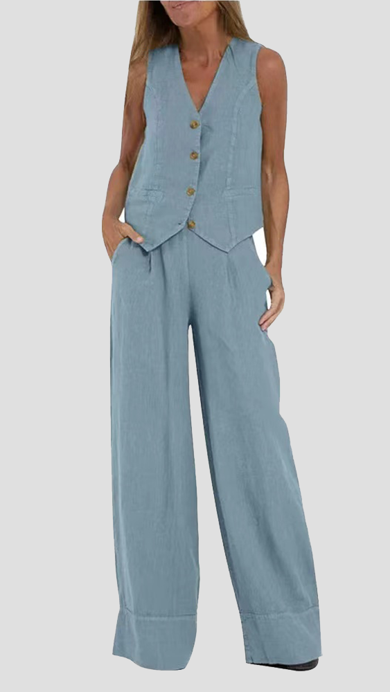 Aira – Ensemble élégant de deux pièces avec gilet et pantalon à jambes larges