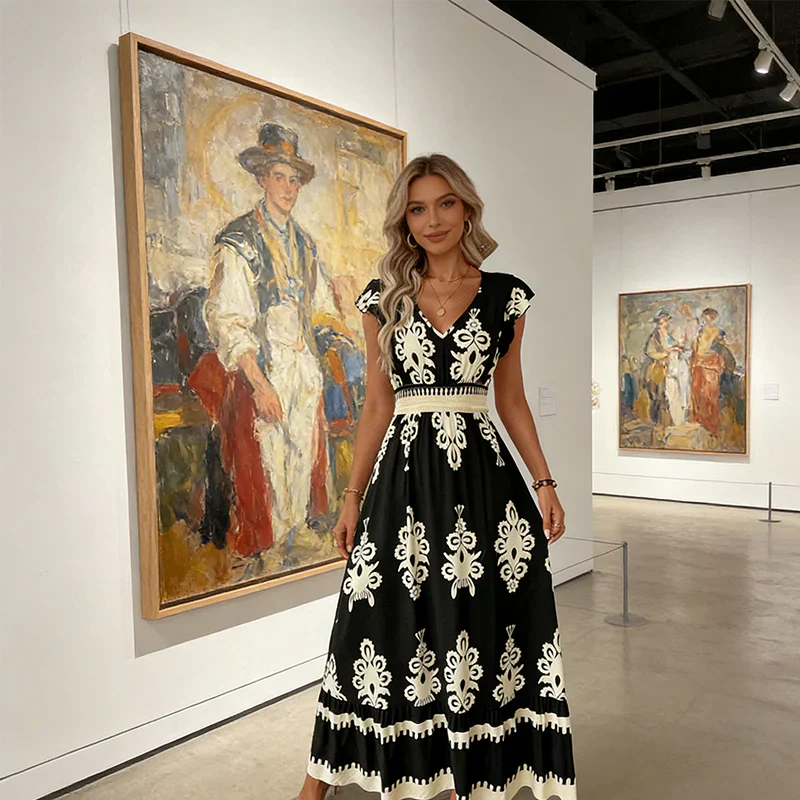Celeste | Robe Maxi Imprimée Baroque avec Décolleté en V et Taille Smockée