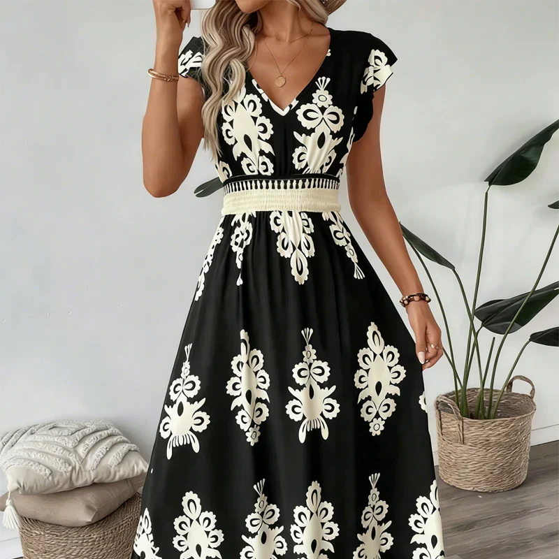 Celeste | Robe Maxi Imprimée Baroque avec Décolleté en V et Taille Smockée