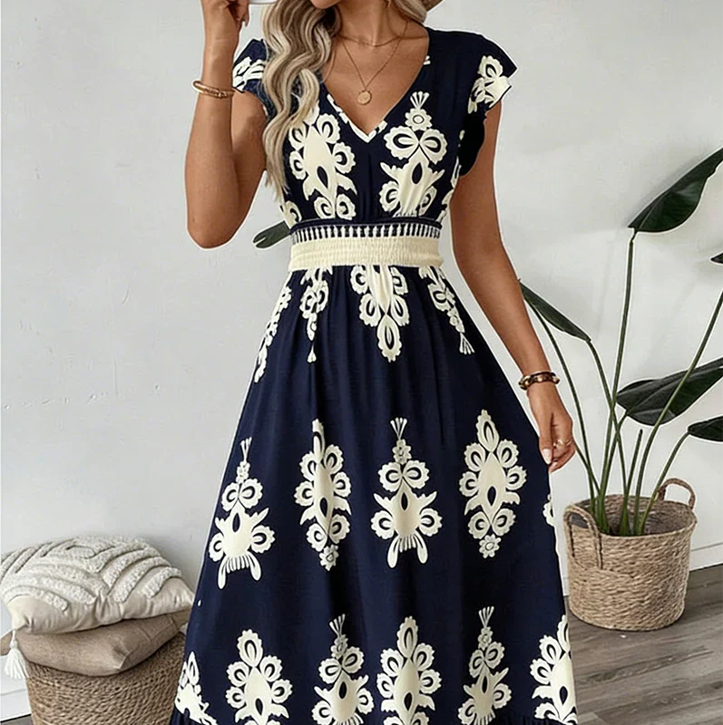 Celeste | Robe Maxi Imprimée Baroque avec Décolleté en V et Taille Smockée