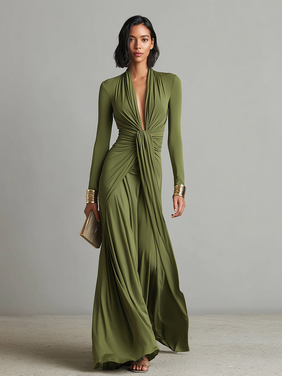 Robe Maxi en Soie Olive avec Décolleté en V