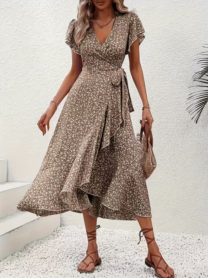 Skye | Robe Midi Florale à Manches Volantes et Ourlet Asymétrique
