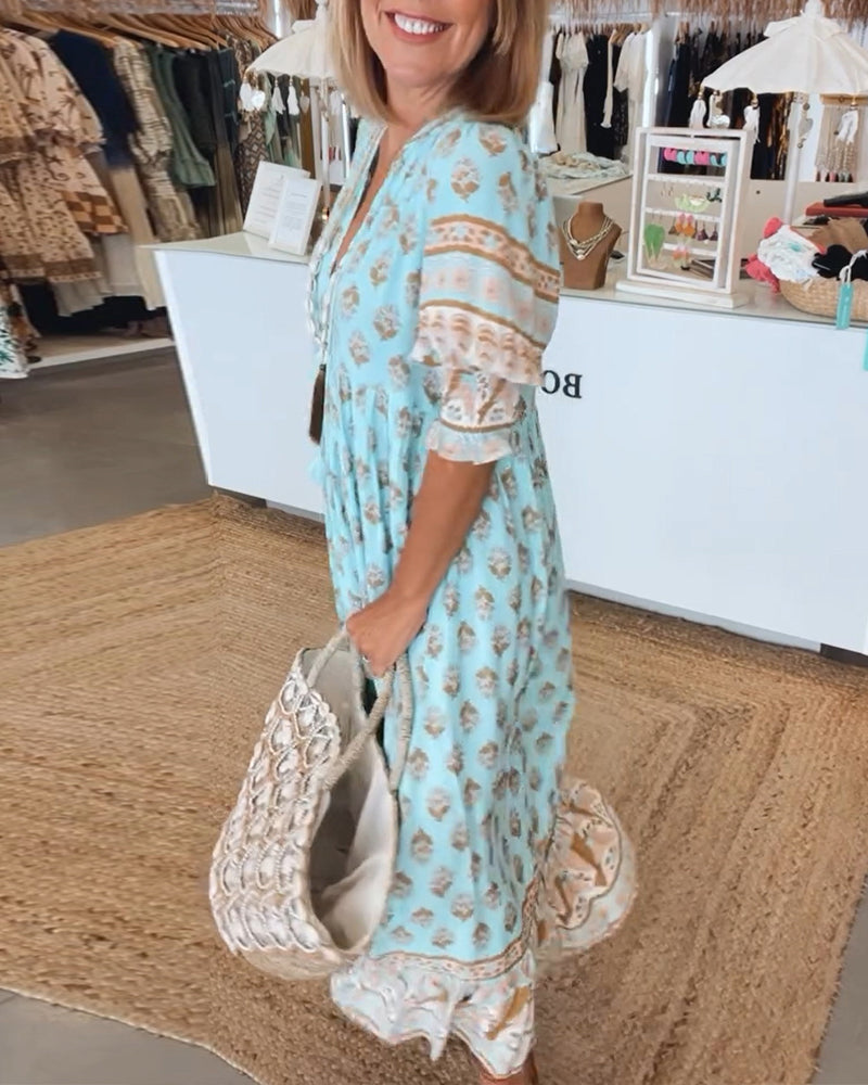 GIULIA | Robe Midi avec Décolleté en V et Élégantes Manches Bouffantes