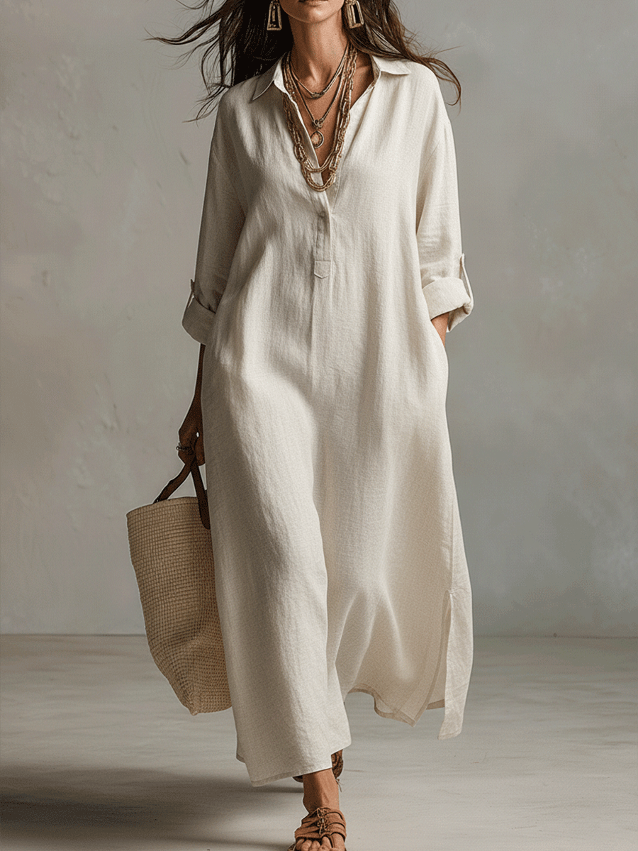 Robe chemise maxi vintage légère en crème naturelle