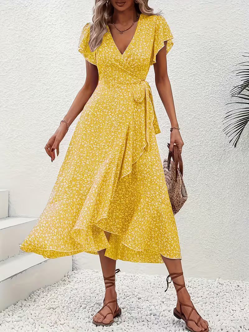 Skye | Robe Midi Florale à Manches Volantes et Ourlet Asymétrique