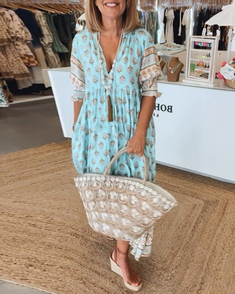 GIULIA | Robe Midi avec Décolleté en V et Élégantes Manches Bouffantes