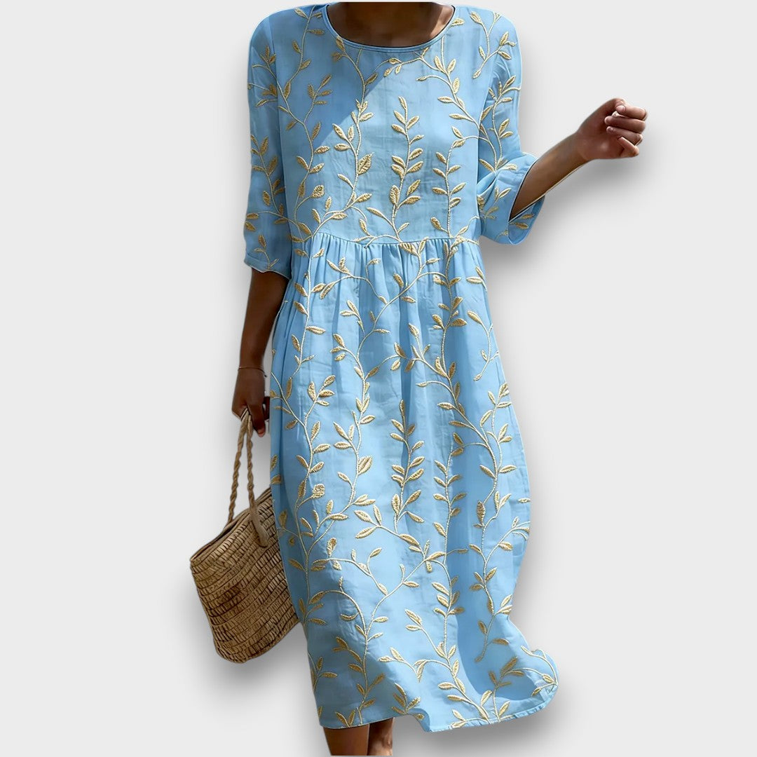 Natalie | Robe midi avec décolleté rond et imprimé de plantes et fleurs
