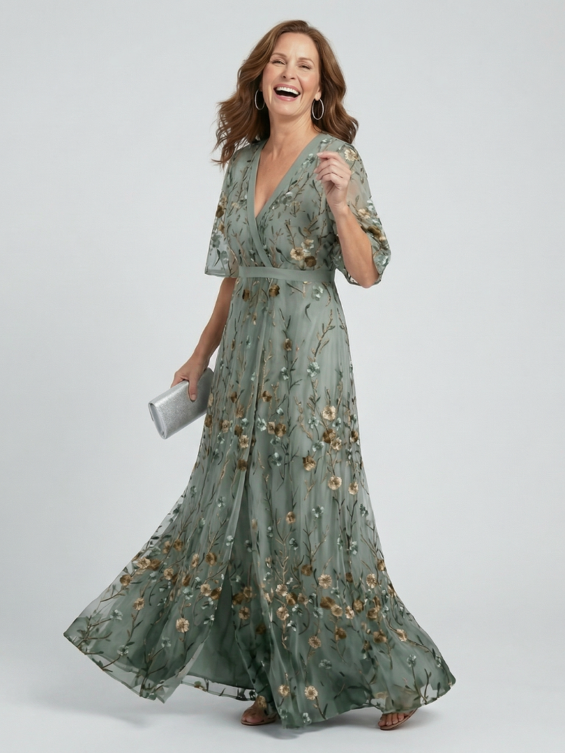 Sage | Robe Maxi Brodée Florale avec Décolleté en V et Manches Volantes