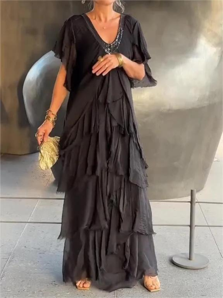 SAVANE | Robe Longue Fluide avec Décolleté en V Élégant