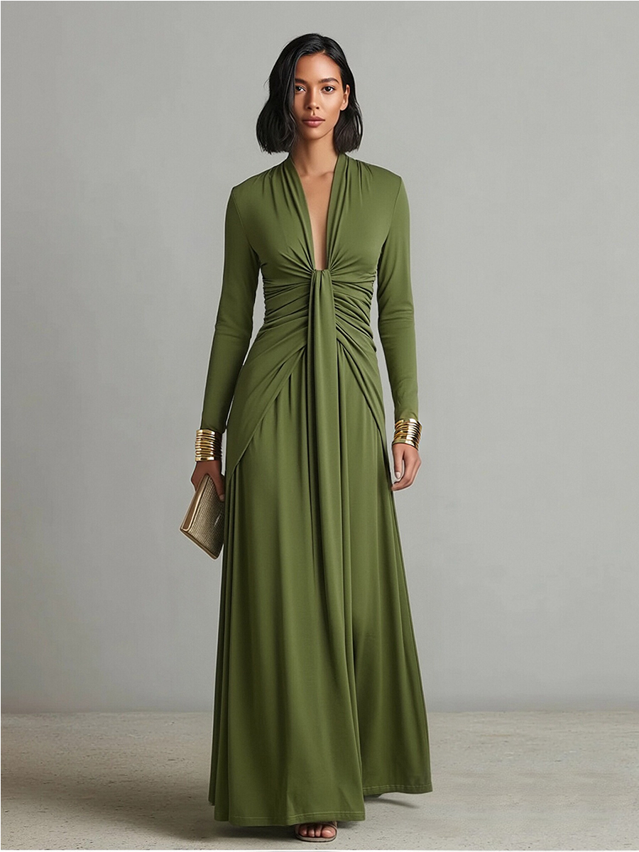 Robe Maxi en Soie Olive avec Décolleté en V