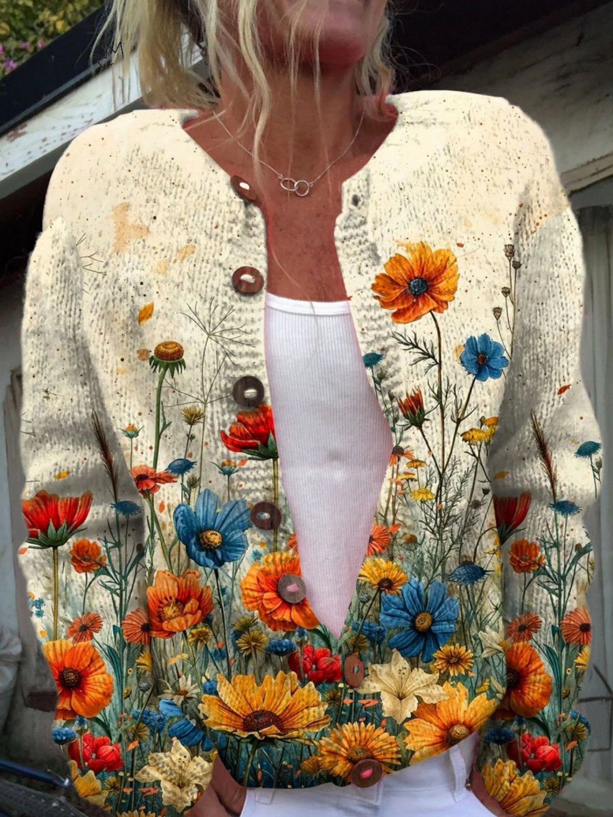 Novelle™ | Cardigan boutonné à imprimé floral artistique vintage