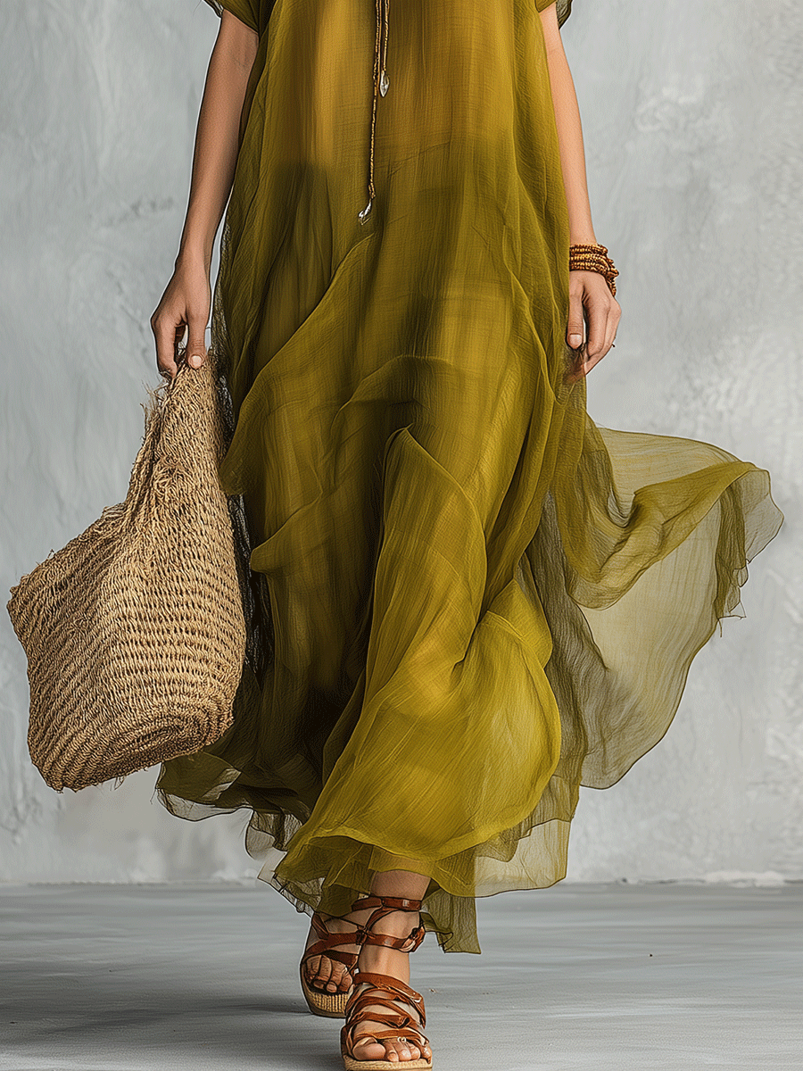 Robe maxi bohémienne vert olive avec silhouette drapée