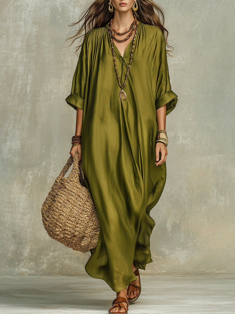 Robe maxi bohème vert olive décontractée