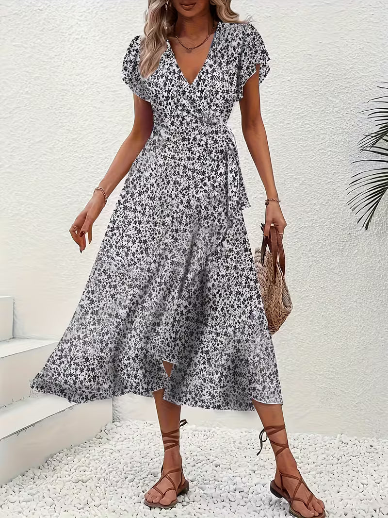 Skye | Robe Midi Florale à Manches Volantes et Ourlet Asymétrique
