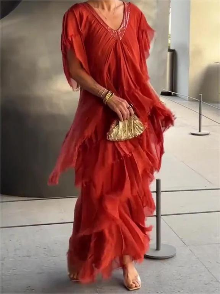 SAVANE | Robe Longue Fluide avec Décolleté en V Élégant