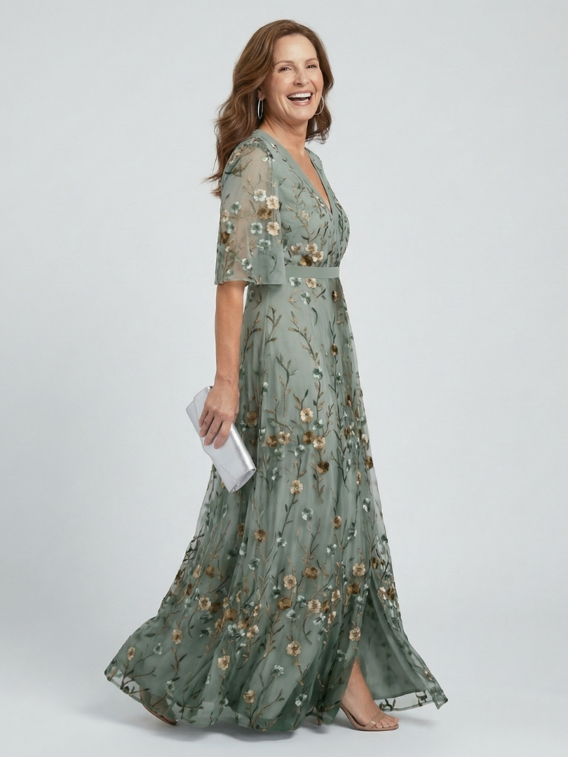 Sage | Robe Maxi Brodée Florale avec Décolleté en V et Manches Volantes