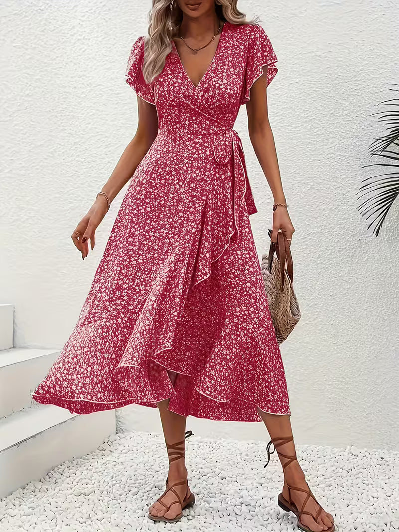 Skye | Robe Midi Florale à Manches Volantes et Ourlet Asymétrique