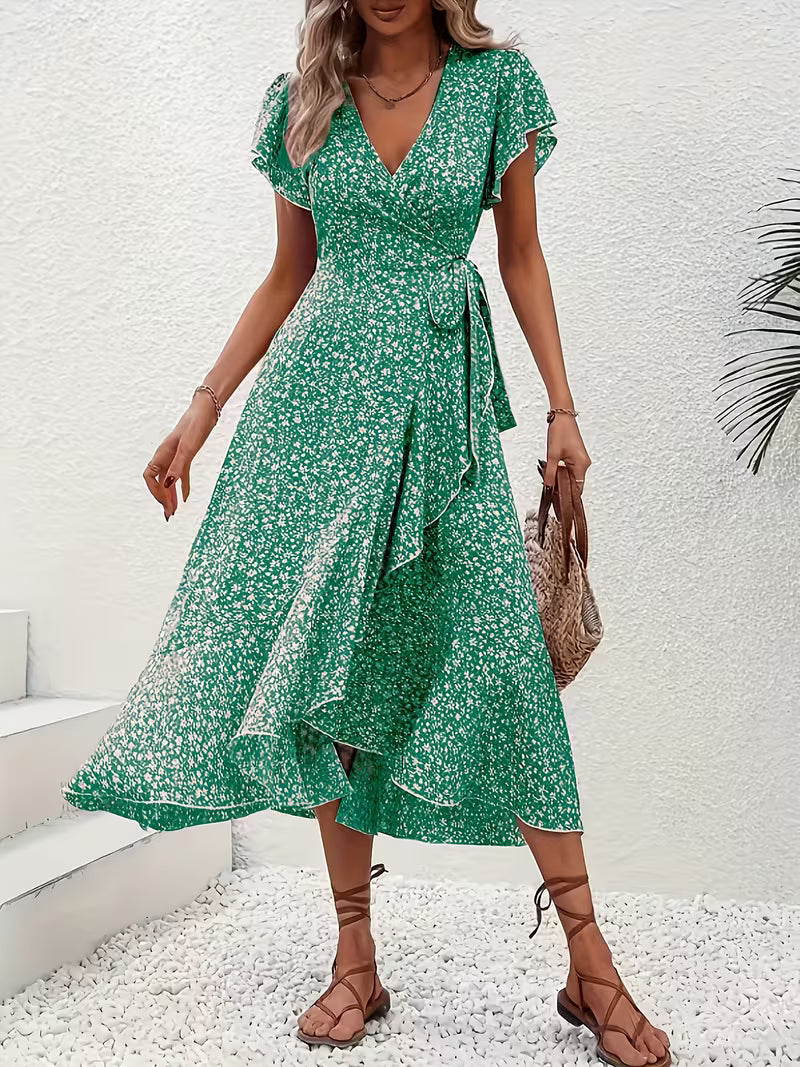 Skye | Robe Midi Florale à Manches Volantes et Ourlet Asymétrique