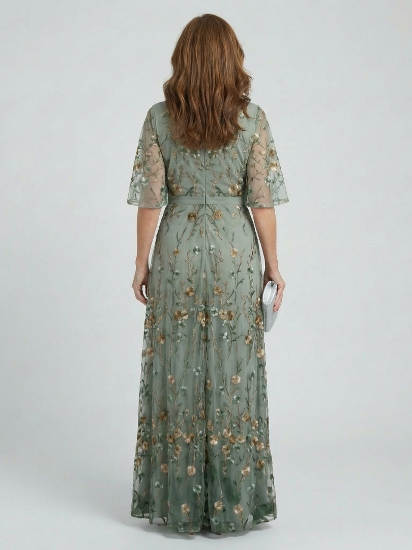 Sage | Robe Maxi Brodée Florale avec Décolleté en V et Manches Volantes