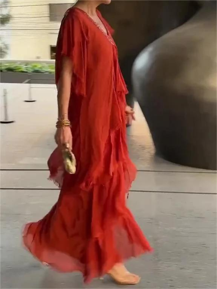 SAVANE | Robe Longue Fluide avec Décolleté en V Élégant