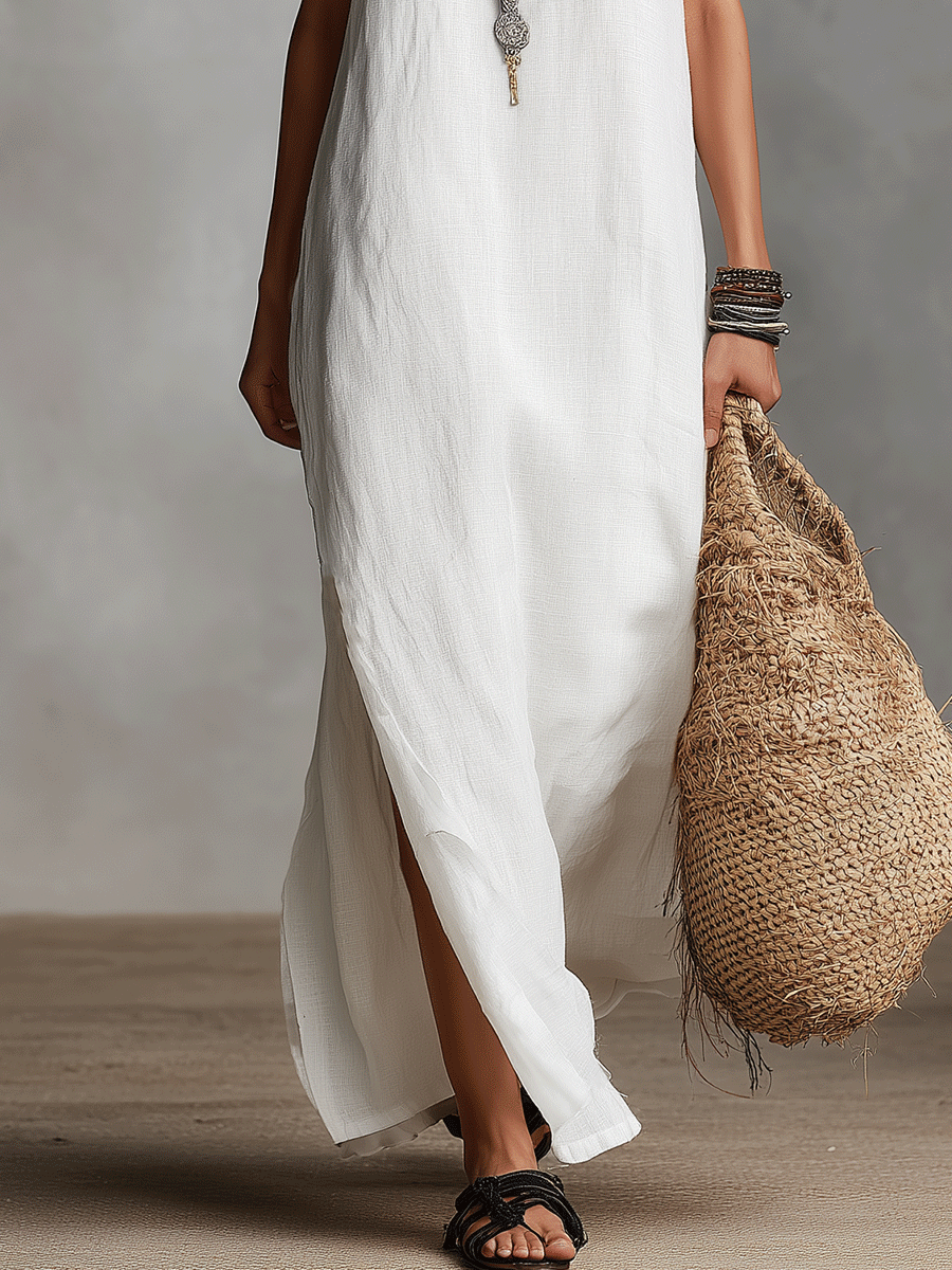 Robe maxi blanche sans manches avec décolleté en V