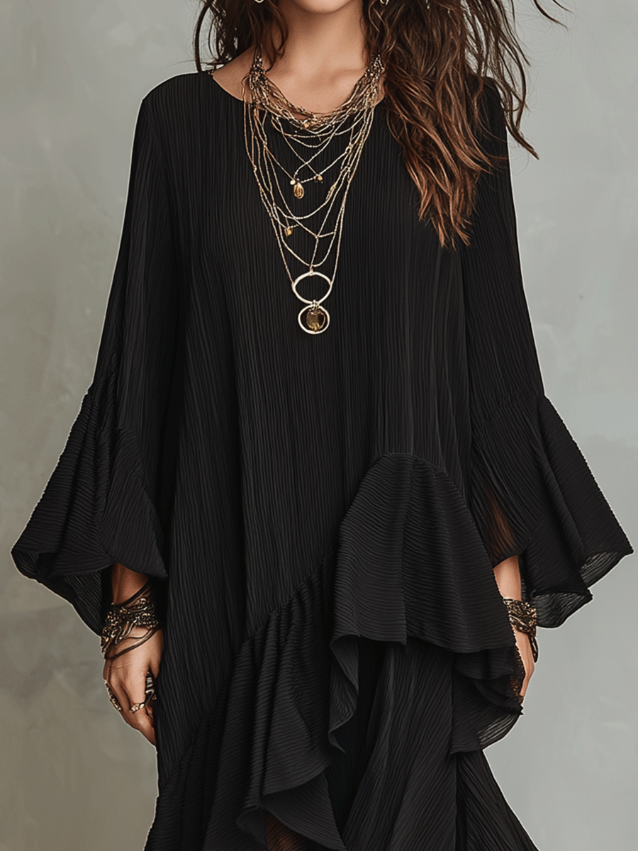 Robe midi bohème noire asymétrique élégante avec plis