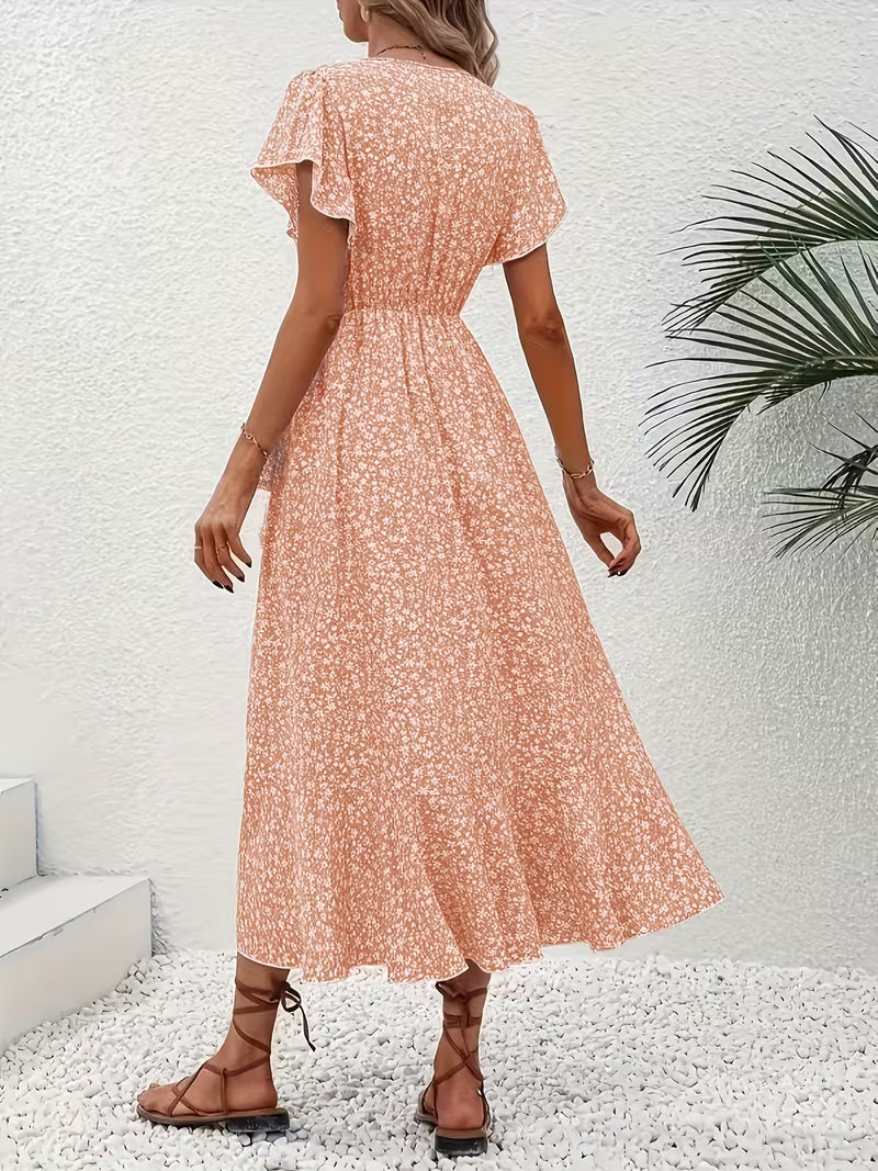 Skye | Robe Midi Florale à Manches Volantes et Ourlet Asymétrique