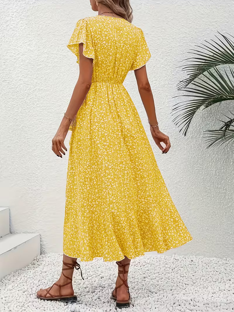 Skye | Robe Midi Florale à Manches Volantes et Ourlet Asymétrique