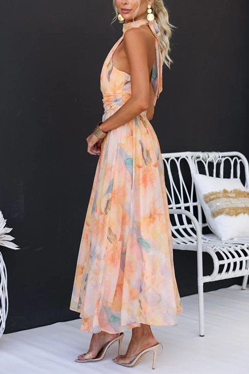 Lotte™ | Robe longue à imprimé aquarelle avec col halter