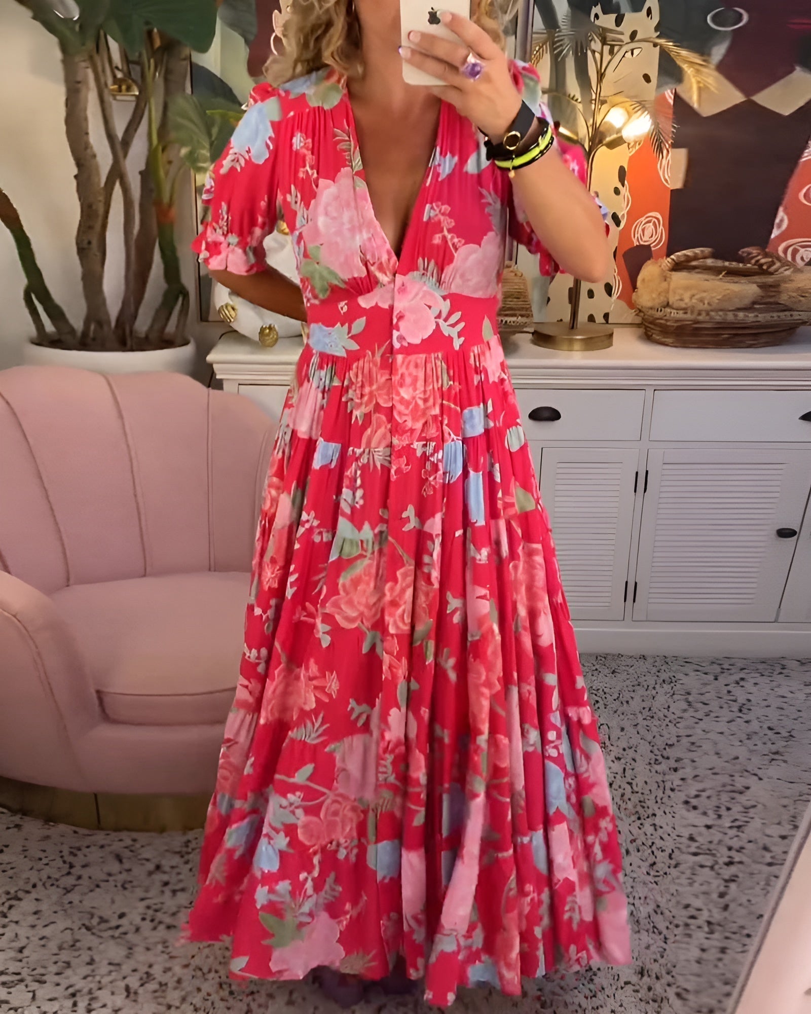 CATERINA | Robe Fleurie Longue avec Poches Cachées et Coupe Féminine pour le Jour