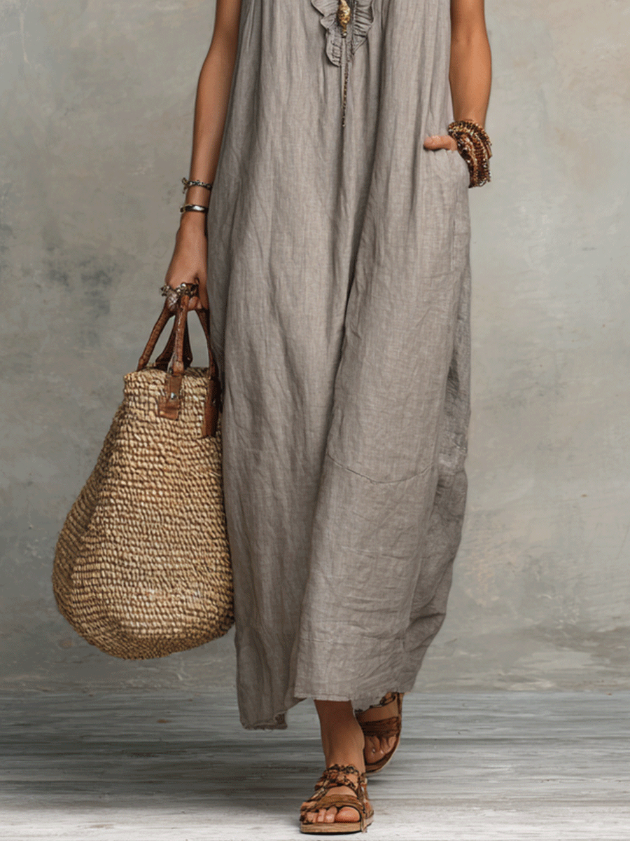 Robe maxi bohème sans manches avec décolleté en V et tombé fluide