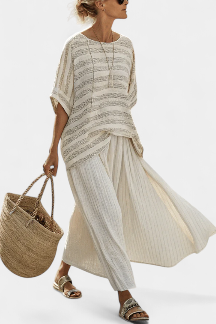 Graziella — Haut à rayures en bambou naturel et pantalon en lin fluide