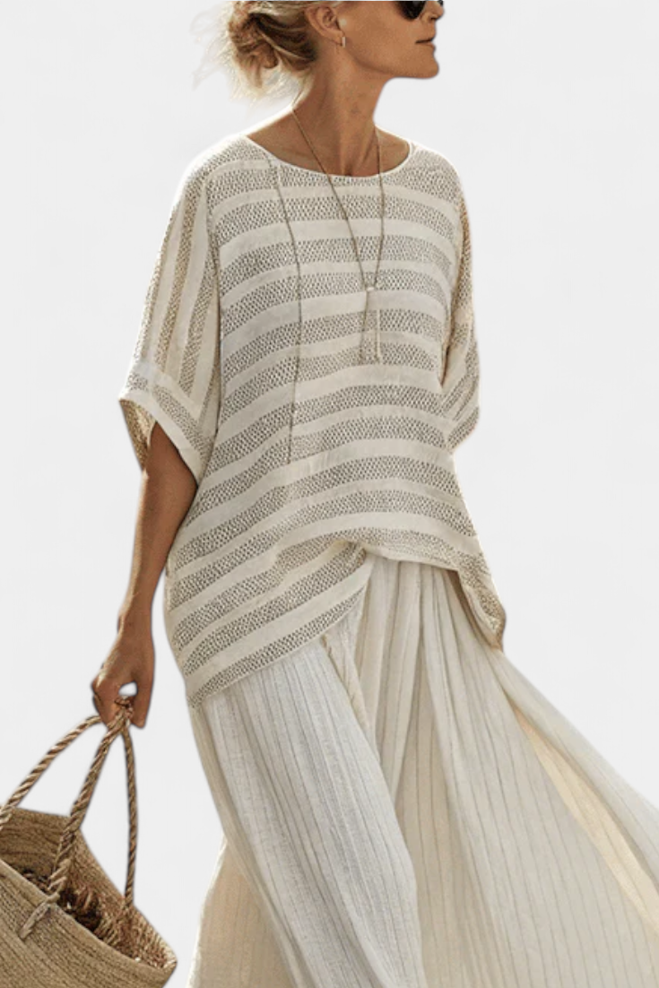 Graziella — Haut à rayures en bambou naturel et pantalon en lin fluide