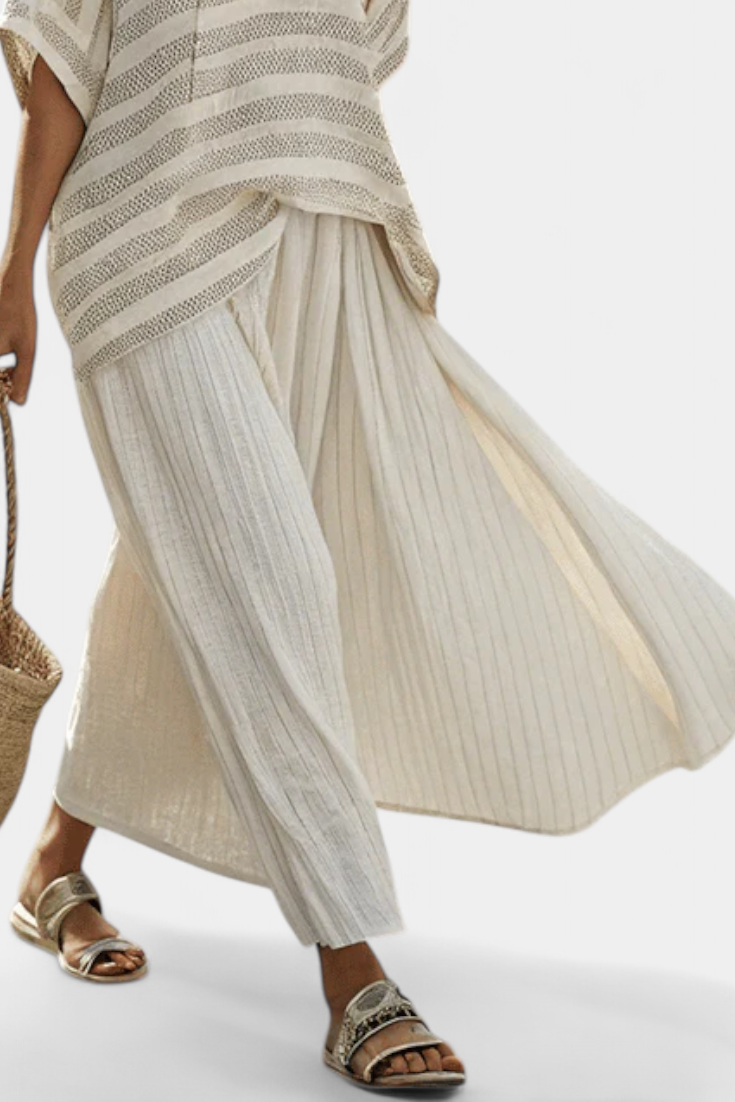 Graziella — Haut à rayures en bambou naturel et pantalon en lin fluide