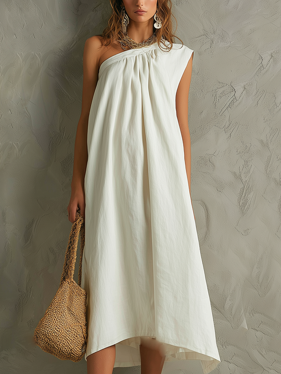 Robe maxi blanche minimaliste à épaule unique avec ambiance de resort