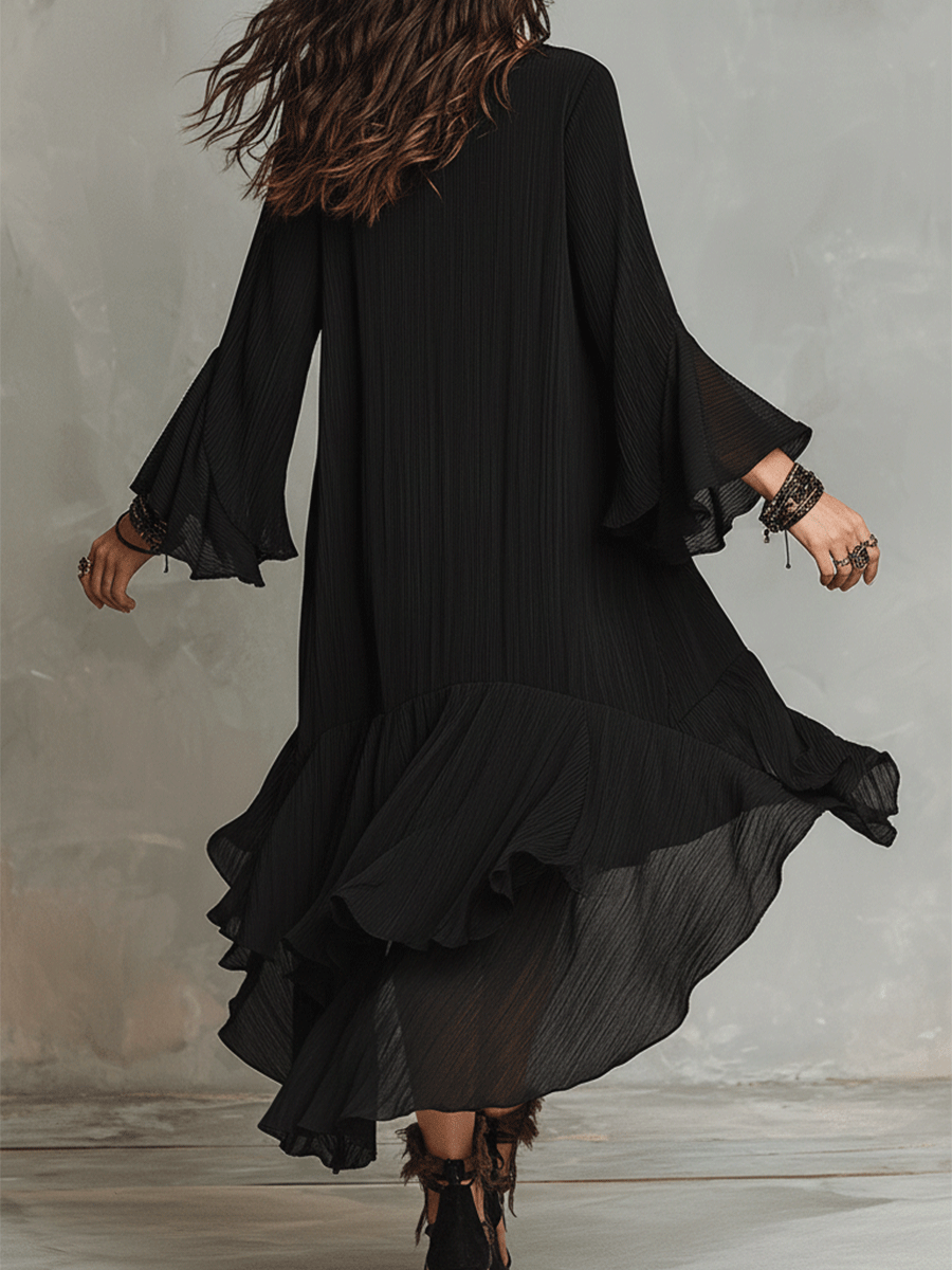 Robe midi bohème noire asymétrique élégante avec plis