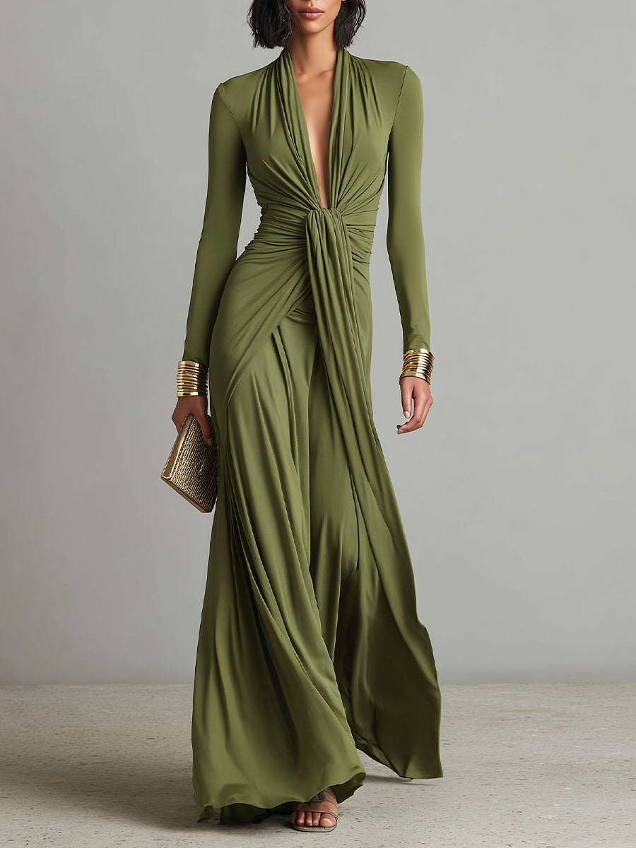 Robe Maxi en Soie Olive avec Décolleté en V