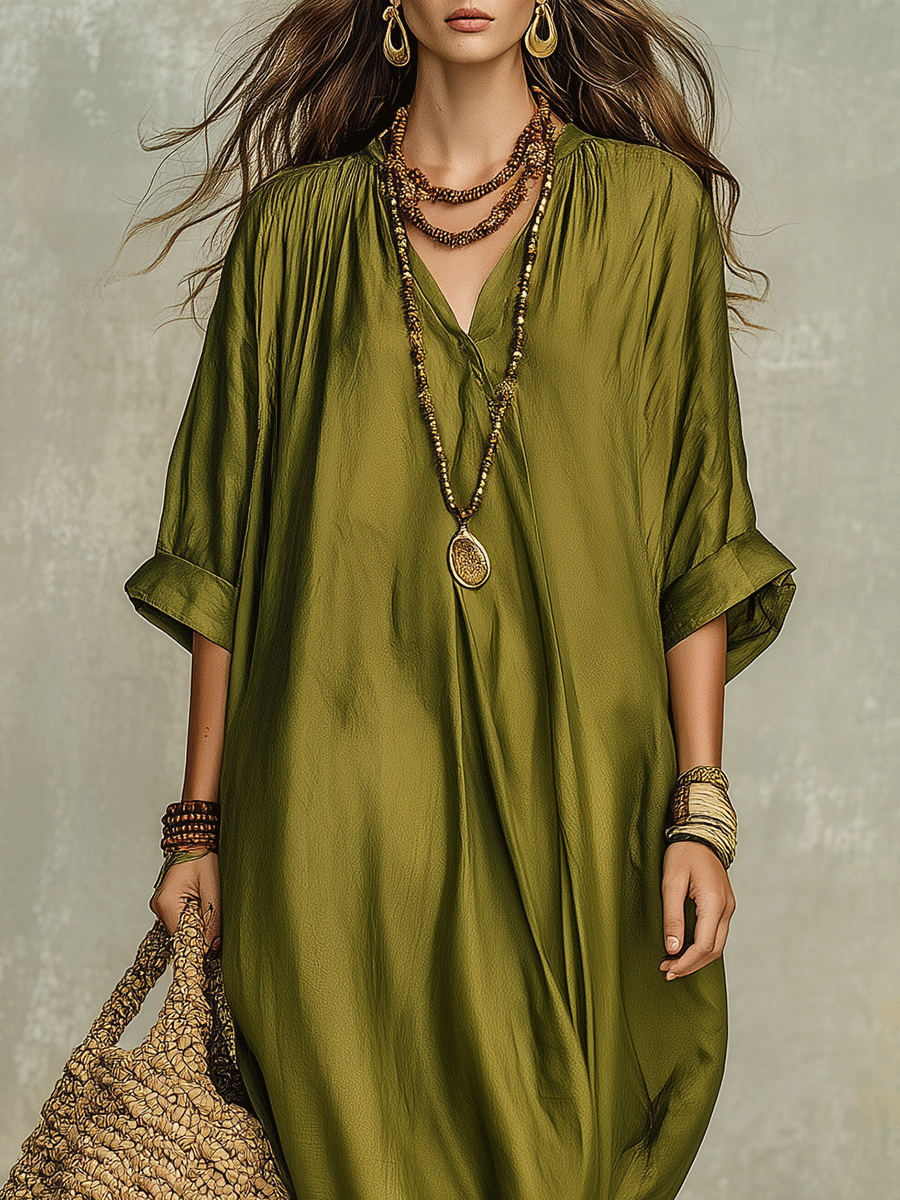 Robe maxi bohème vert olive décontractée