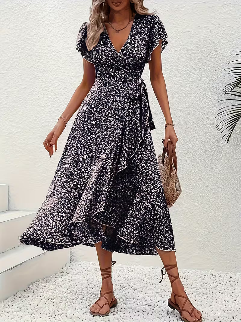 Skye | Robe Midi Florale à Manches Volantes et Ourlet Asymétrique