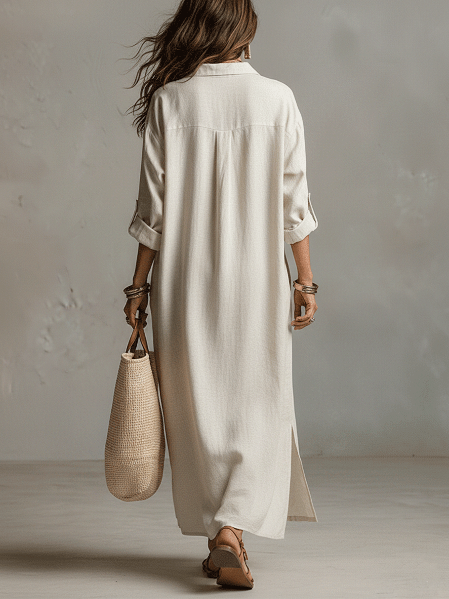 Robe chemise maxi vintage légère en crème naturelle