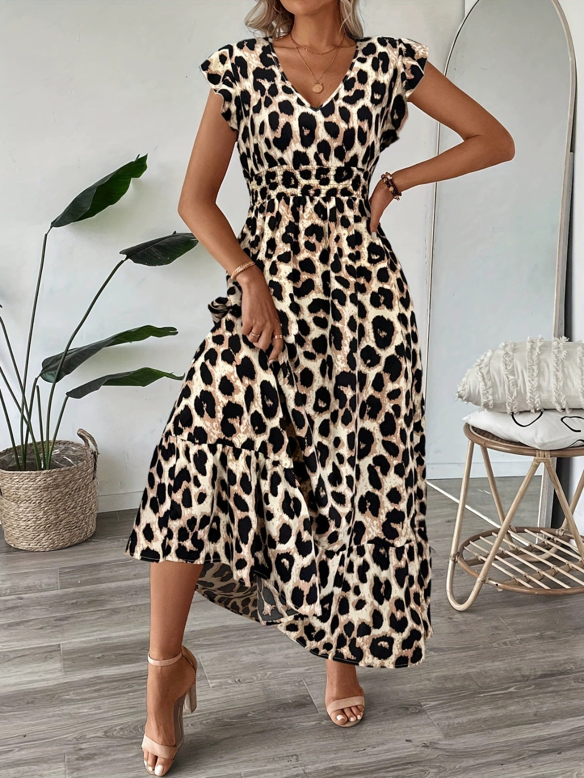 Celeste | Robe Maxi Imprimée Baroque avec Décolleté en V et Taille Smockée