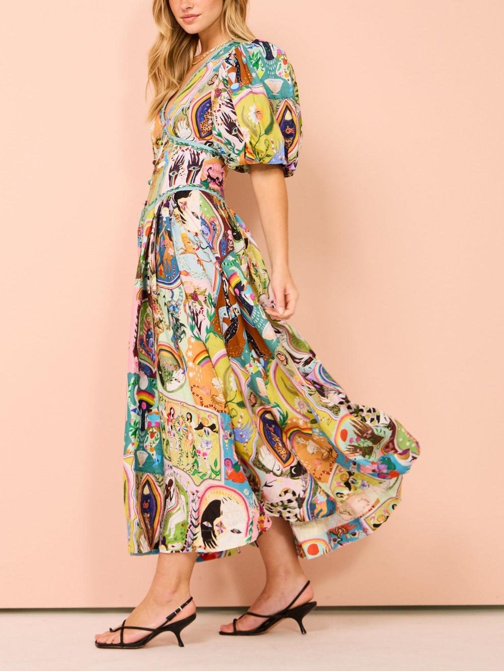 Robe Midi Décontractée avec Imprimé Graffiti Vert Émeraude