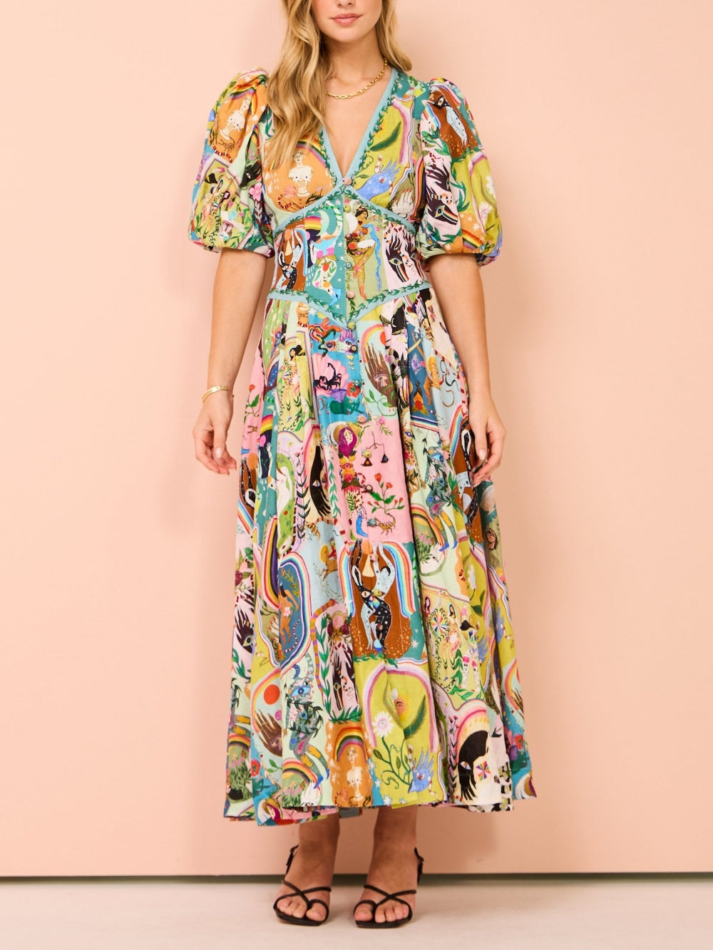 Robe Midi Décontractée avec Imprimé Graffiti Vert Émeraude