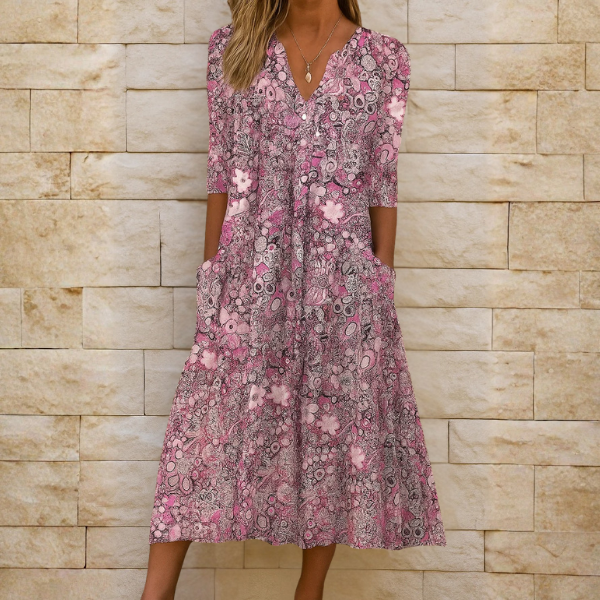 Aubrey | Robe Midi Imprimée Boho avec Décolleté en V et Poches Latérales