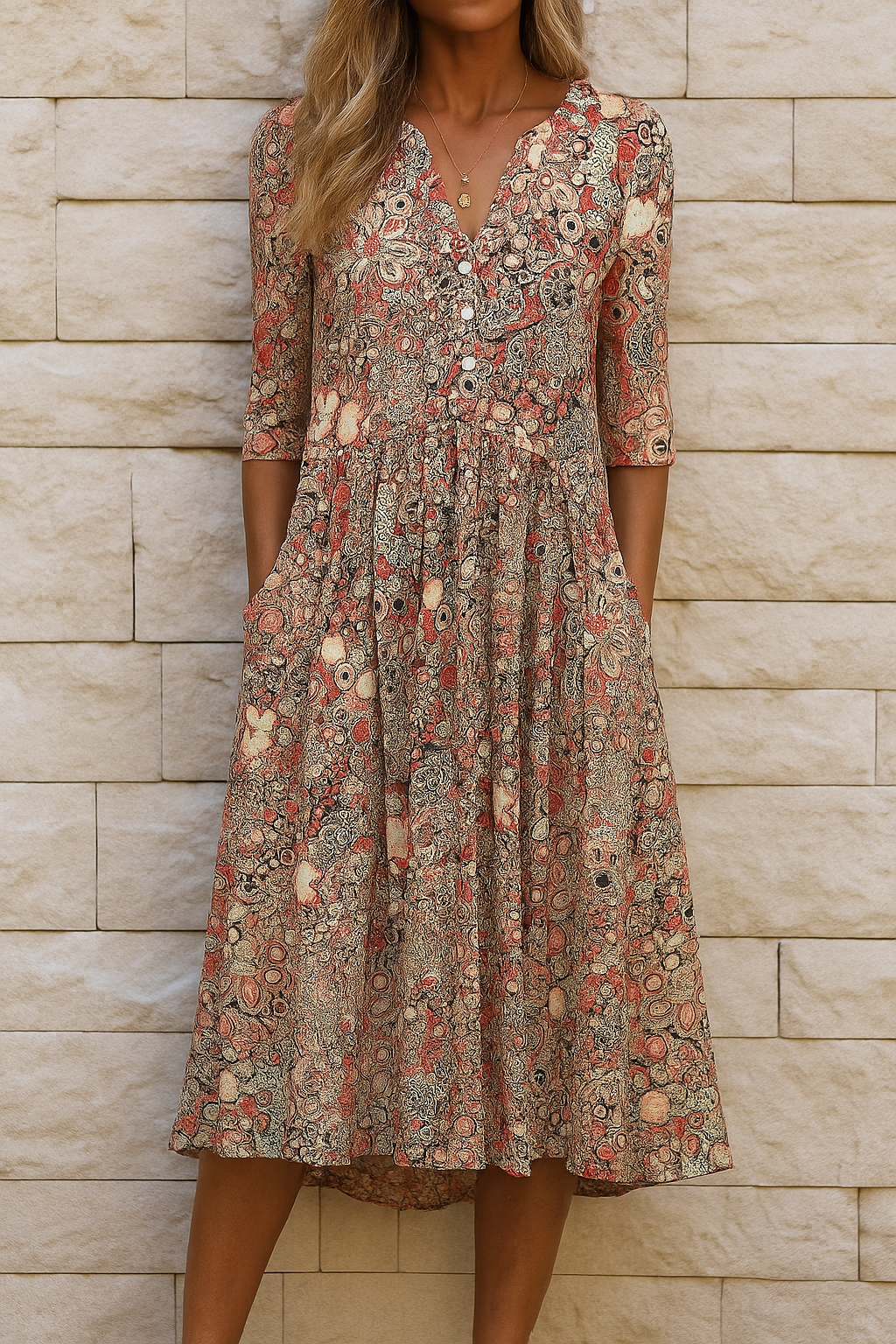 Aubrey | Robe Midi Imprimée Boho avec Décolleté en V et Poches Latérales
