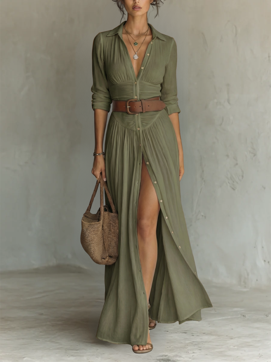 Robe Maxi avec Col Noté et Manches Longues