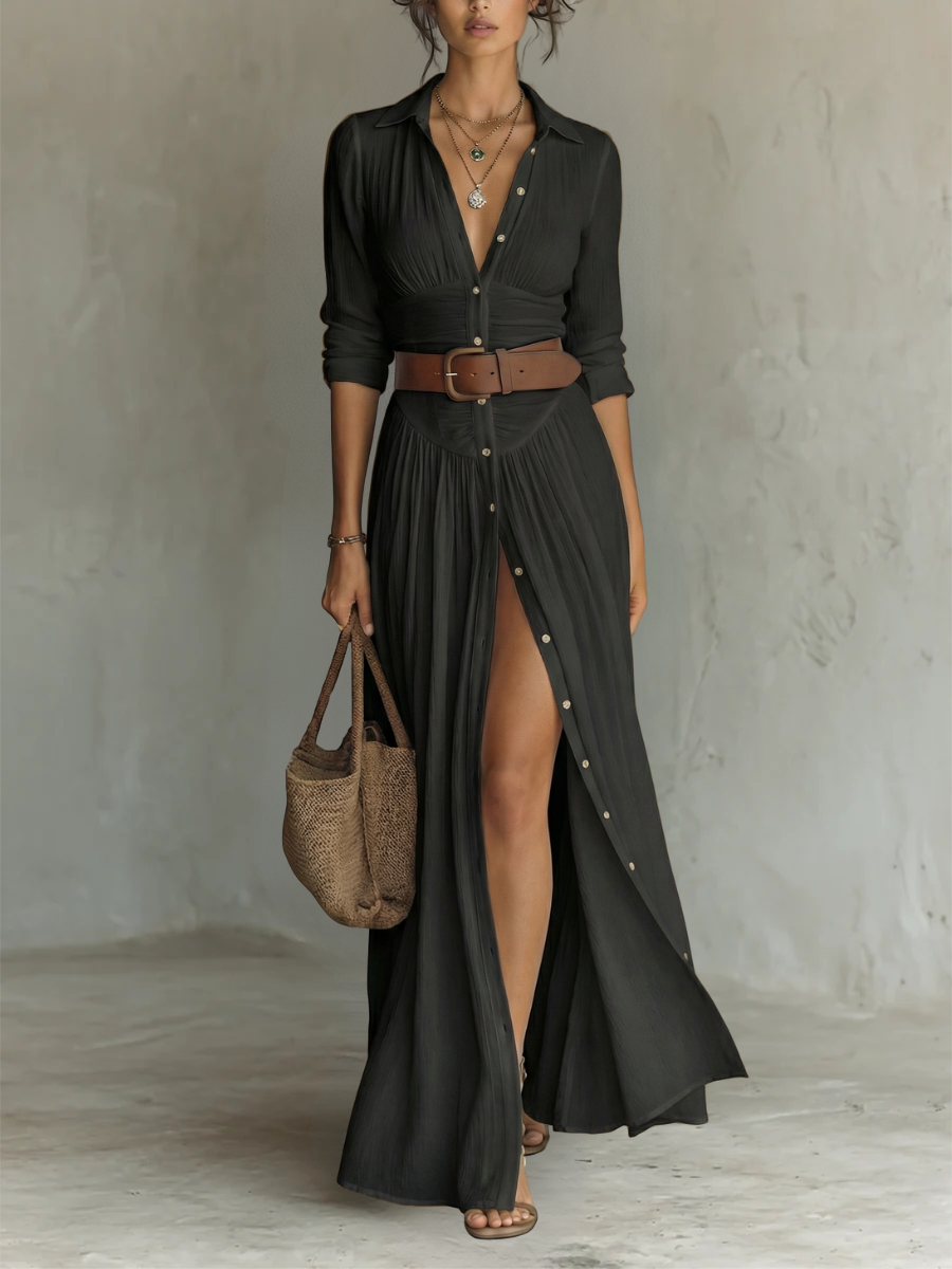 Robe Maxi avec Col Noté et Manches Longues