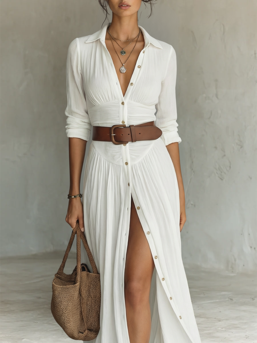 Robe Maxi avec Col Noté et Manches Longues